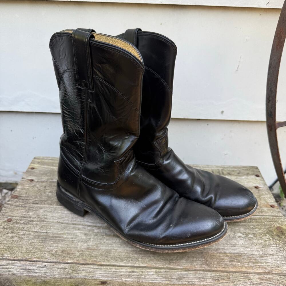 Justin Black Roper Round Toe Cowboy Western Leather Boots Style 3133 Size 9.5D